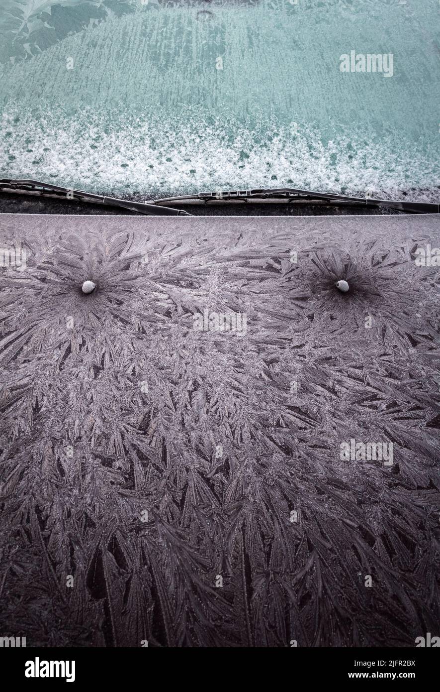 Bizarre Frostmuster auf der Oberfläche der Motorhaube. Stockfoto