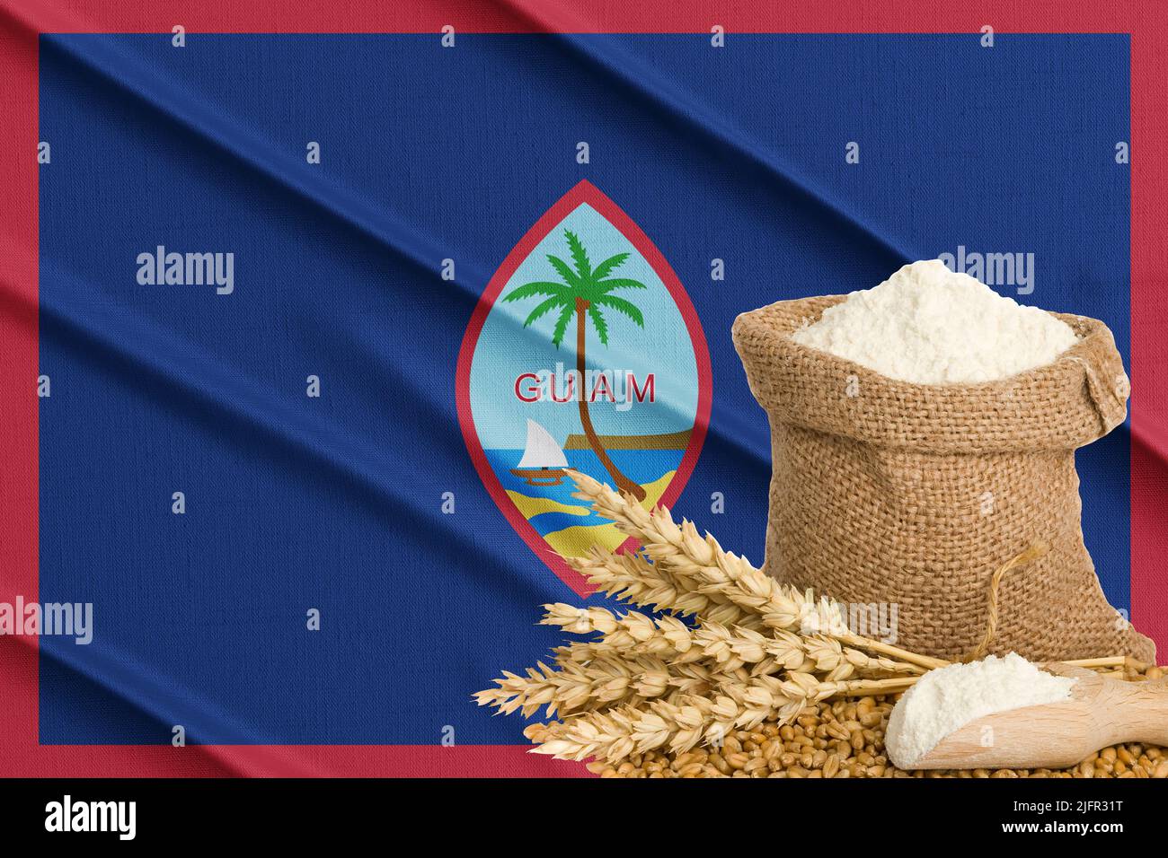 Guam-Getreidekrise, Konzept der globalen Hungerkrise, Hintergrund Flagge Guam-Weizenkorn. Konzept des Weizenanbaus in Russland Stockfoto