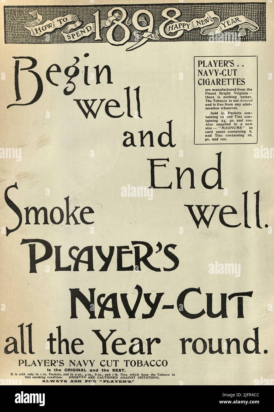 Vintage Zeitungsannonce für Player's Navy Cut Tabak, 1898, Victorian 19. Century Stockfoto