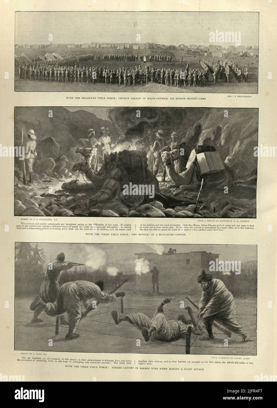 Szenen aus der Tirah-Kampagne, die in zeitgenössischen britischen Berichten oft als Tirah-Expedition bezeichnet wird, waren eine indische Grenzkampagne von September 1897 bis April 1898 Stockfoto