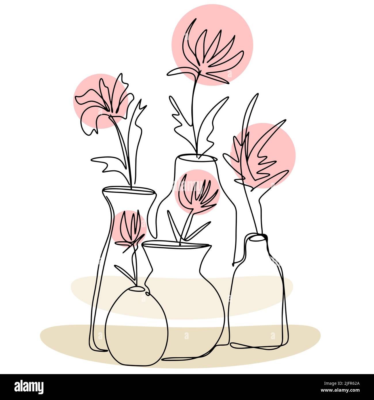 Blumen in Vasen Linie Kunst Vektor. Handgezeichnetes Set mit Blumenschmuck. Pflanzen Umriss in Vasen für Raumdekor isoliert Illustration Stock Vektor