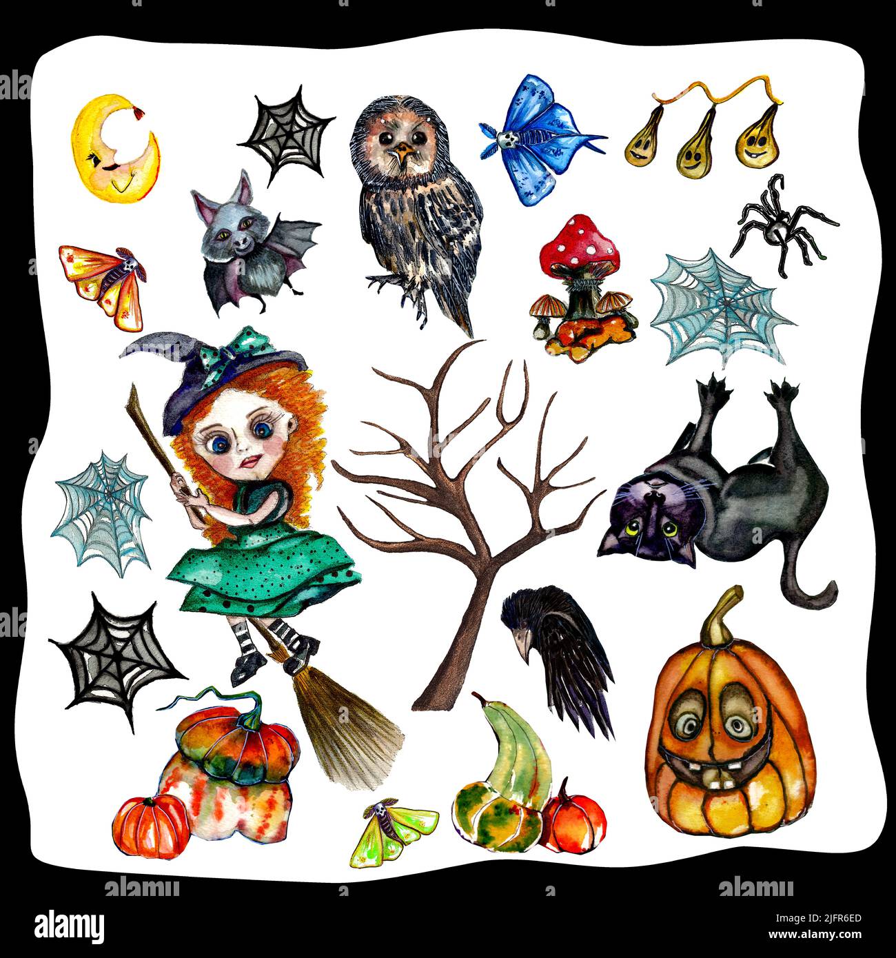 Aquarell niedlichen halloween Symbol Einzelelement set.Halloween Sammlung mit handgezeichneten Illustrationen Hexe, schwarze Katze, Rabe, Eule, Pumpkin, Spinne, Fledermaus Stockfoto
