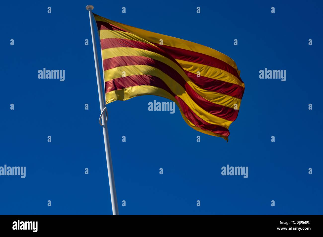 Die Flagge Kataloniens (Autonome Gemeinschaft Spaniens) winkt in einem tiefblauen Himmel. Fahnenstange nach links geneigt. Stockfoto
