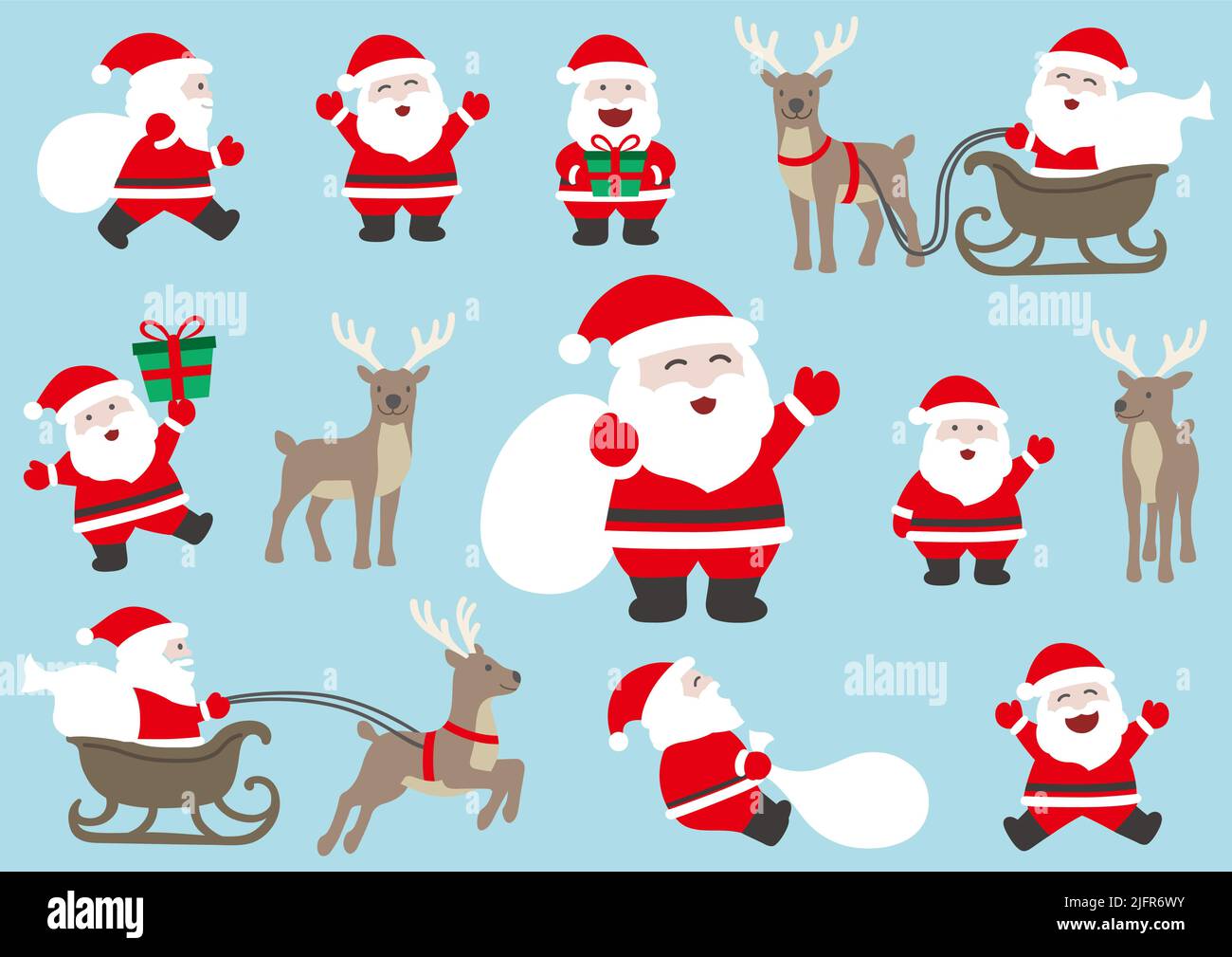 Kartoonischer Weihnachtsmann und Rentier flaches Illustrationsset isoliert auf Einem Ebenen Hintergrund. Stock Vektor