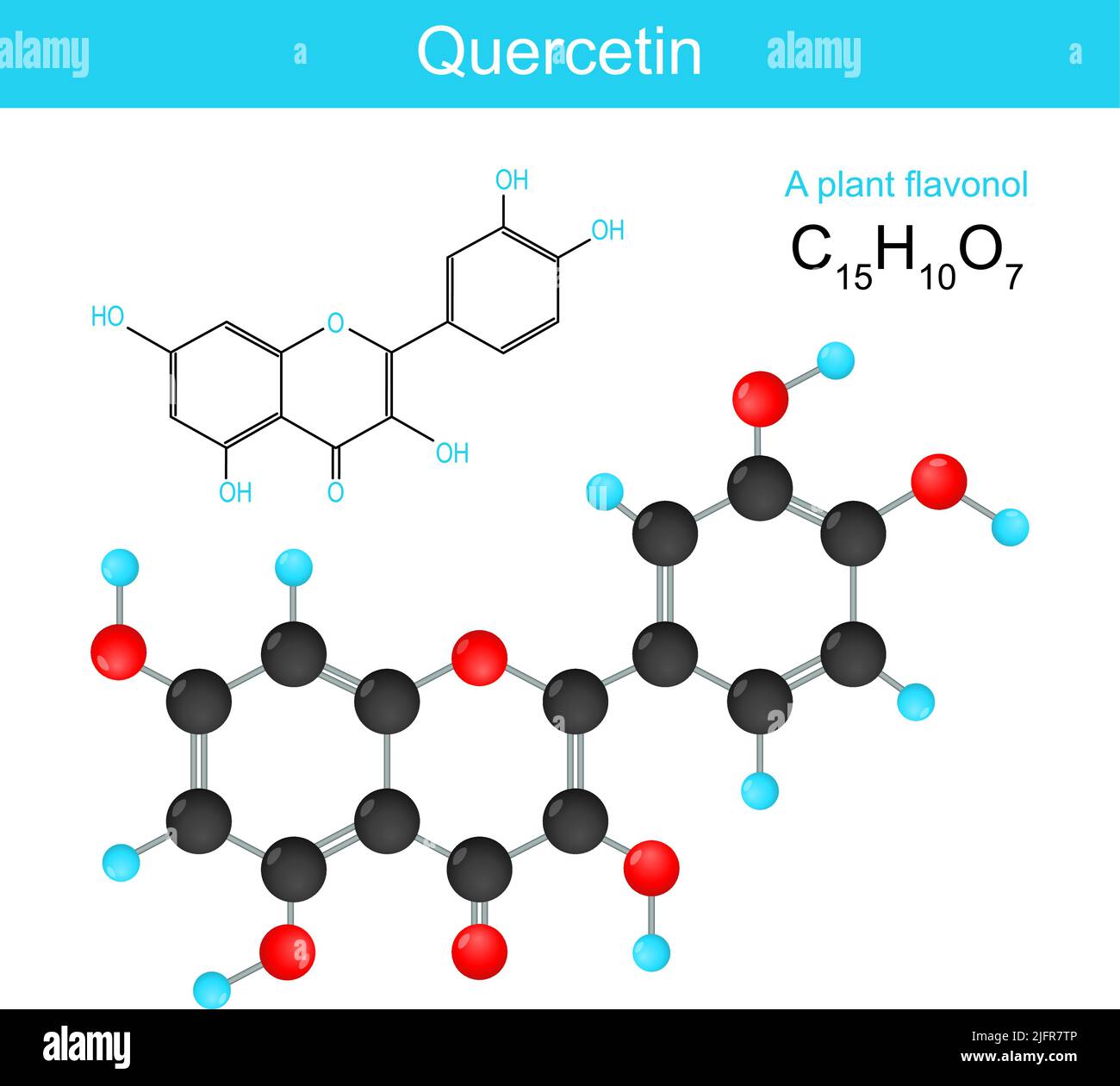 Quercetin. Strukturelle chemische Formel eines Pflanzenflavonols. Skelettformel einer chemischen Unterstruktur, die die Oxidation durch die Einwirkung eines Fressers stoppt Stock Vektor