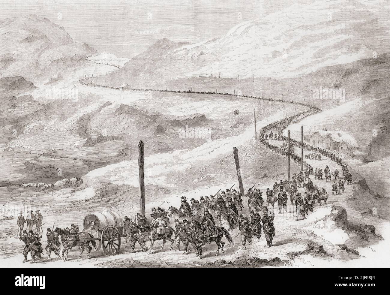 2. Division des Generals Joseph Vinay, der zum IV. Korps der französischen Armee gehört, erreicht Piemont über den Mont Cenis Pass während des italienischen Unabhängigkeitskrieges von 2., der auch der französisch-österreichische Krieg, der österreichisch-sardische Krieg oder der Italienische Krieg von 1859 genannt wird. Aus L'Univers Illustre, Paris, 1859. Stockfoto