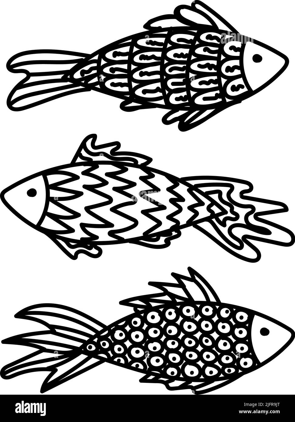 Ein Satz handgezeichneter Fische im Doodle-Stil. Meeresbewohner. Organismen der Ozeane. Fische mit verschiedenen Mustern von Schuppen und Flossen. Einfacher Vektor-Illus Stock Vektor