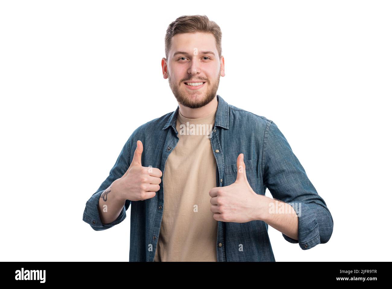 Glücklicher Mann Daumen auftauchen Stockfoto