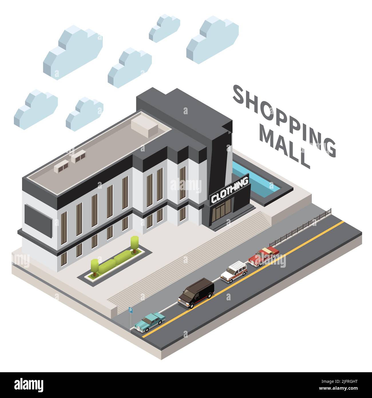 Einkaufszentrum Zusammensetzung mit lokalen Store Symbole isometrische Vektor-Illustration Stock Vektor