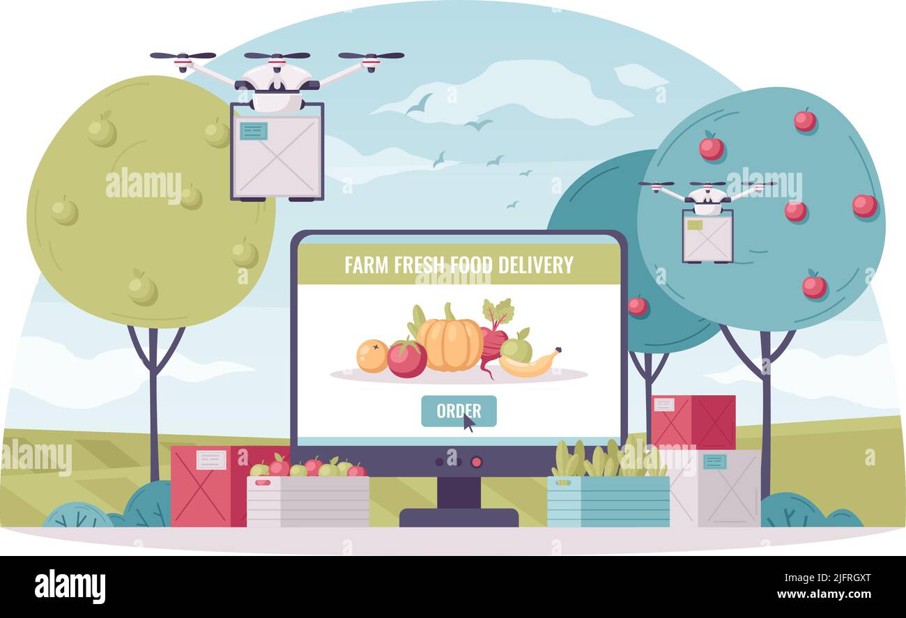 Smart Landwirtschaft Cartoon Komposition mit Garten-Ansicht-Boxen mit Früchten und fliegende Lieferung Drohnen mit Computer-Vektor-Illustration Stock Vektor
