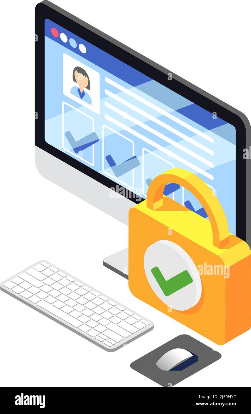Isometrisches Symbol für geschützte persönliche Daten mit 3D-Computer- und Sperrvektordarstellung Stock Vektor