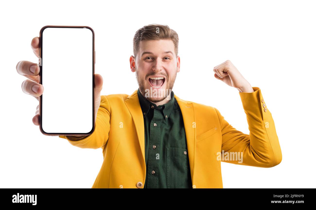 Mann, der einen leeren mobilen Bildschirm zeigt Stockfoto