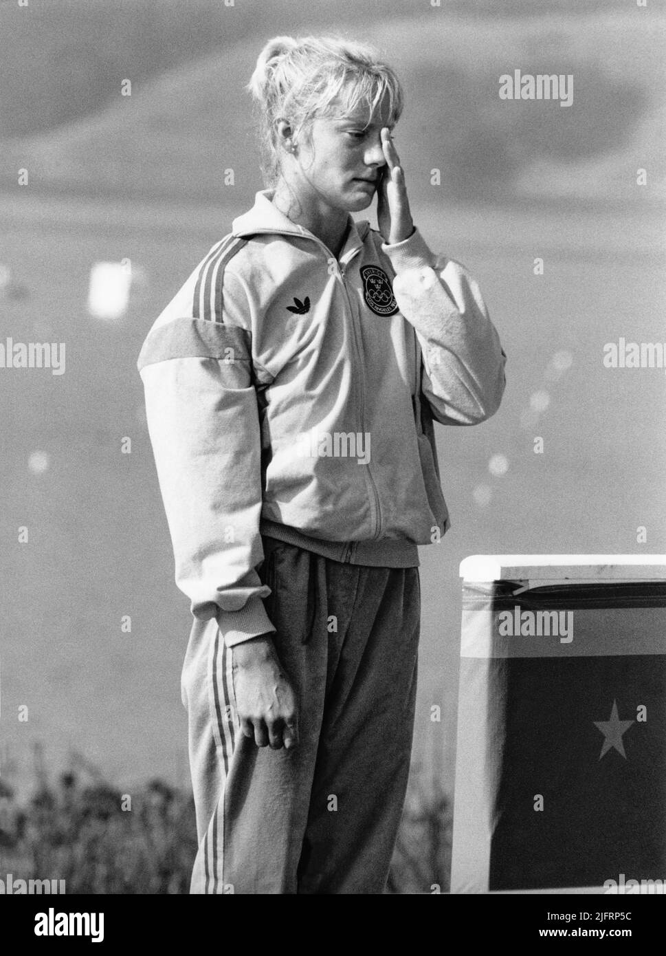 OLYMPISCHE SOMMERSPIELE in Los Angeles 1984 AGNETA ANDERSSON Schwedische Kanute bei den Olympischen sommerspielen in Los Angeles als Goldmedaillengewinnerin auf dem Podium Stockfoto