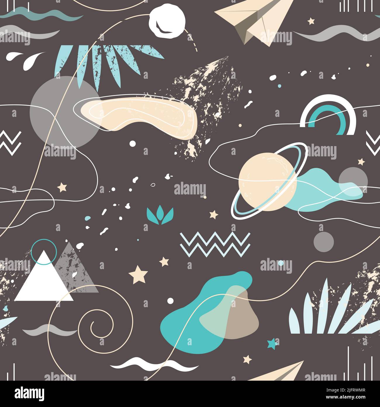 Abstraktes Nahtloses Muster mit Raum und geometrischen Formen. Vintage psychedelischen Hintergrund für Tapeten, Cover, Broschüren, Flyer, Präsentationen Stock Vektor