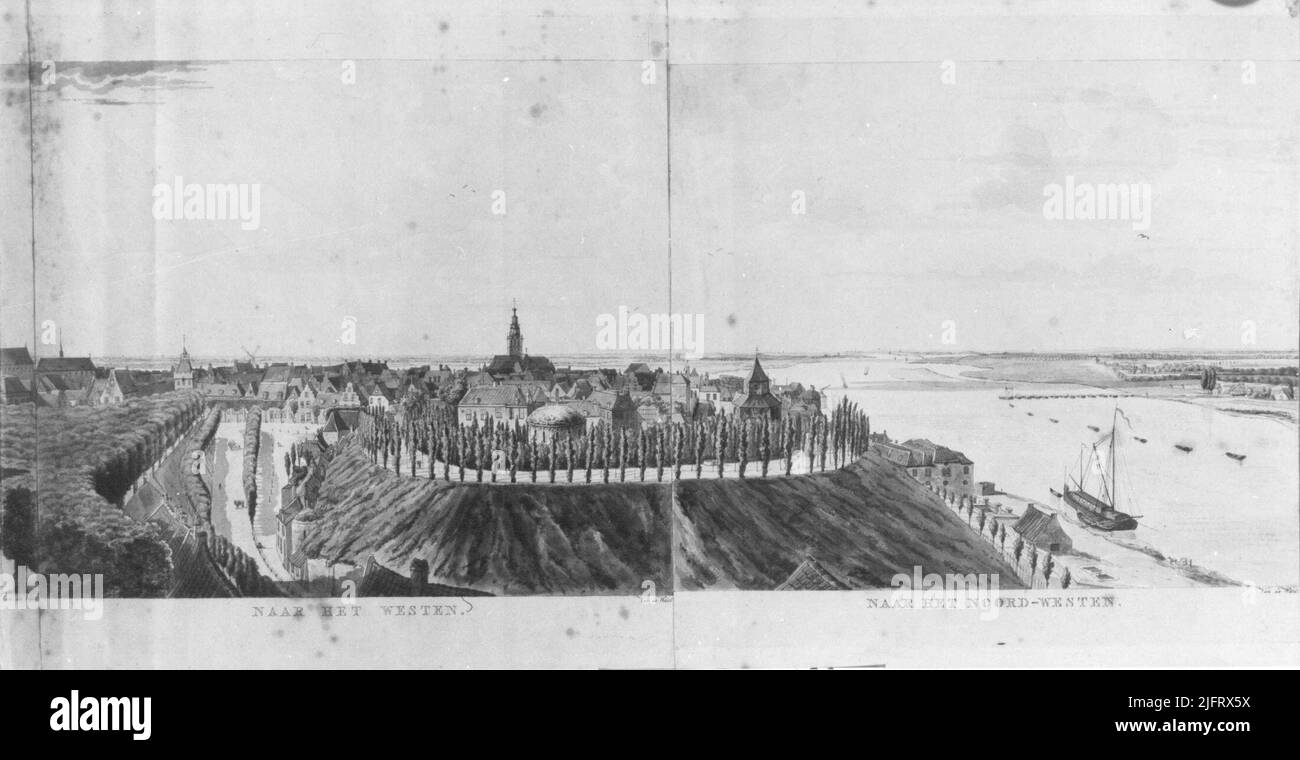 Ein Aquarell von Derk Anthony van der Wart (10-6-1767-8-4-1824): Vom Belvédère aus gesehen in westlicher Richtung mit v.l.n.r. Der Kelfkensbos, der Voerweg, der Valkhofpark und der Waal; im Hintergrund links der Burchtpoort und rechts der St. Stevenskerk Stockfoto