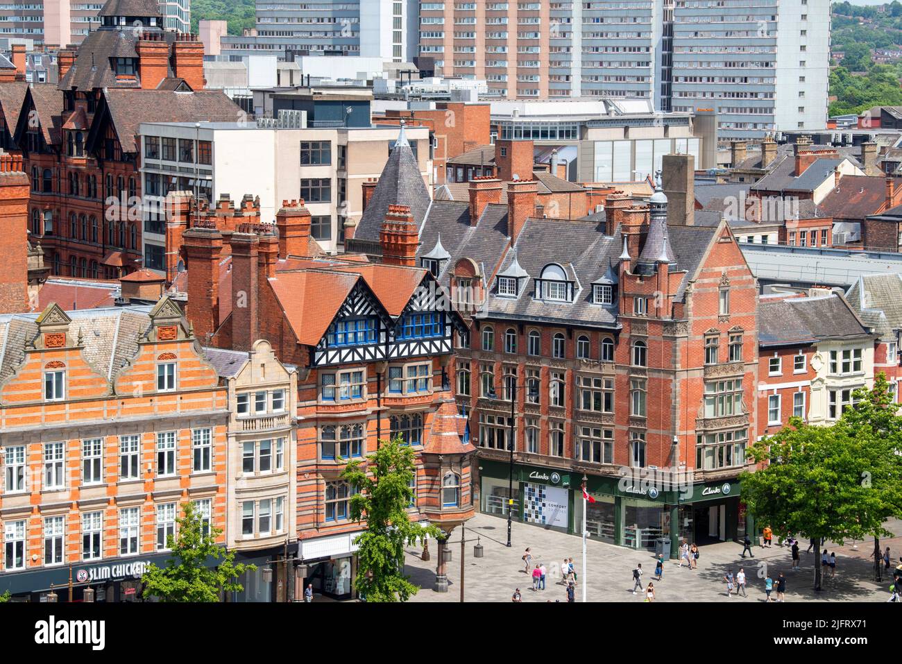 Blick auf den Market Square und die King Street vom Dach des Pearl Assurance Building in Nottingham City, Nottinghamshire, England Stockfoto