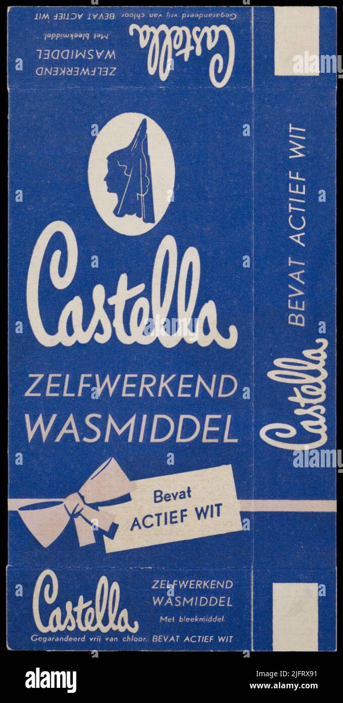 Castella Selbstwirkendes Reinigungsmittel FAT Active-Witcastella Selbstwirkendes Reinigungsmittel mit Bleichmittel frei von Chloordobbelman N.V. Nijmegen-HollandCastella Selbstbedienungswaschmittel wird nach Angaben der Niederländer hergestellt. Patr. Nr. 61 367 „mit Anweisungen. Stockfoto