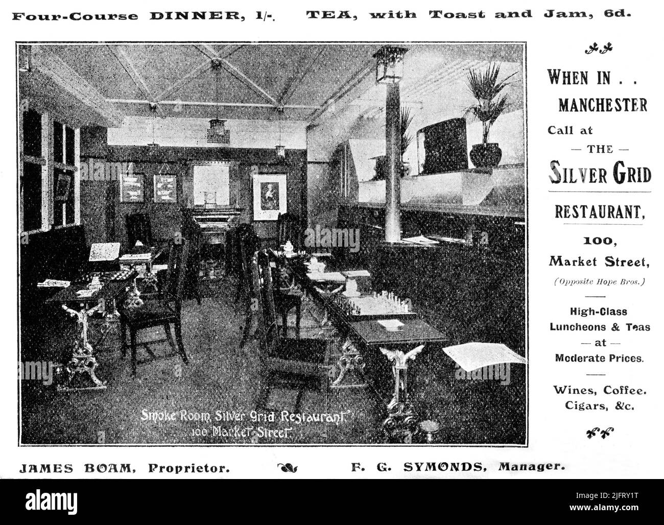 Eine Werbung aus dem Jahr 1906 für das Silver Grid Restaurant, 100 Market Street, Manchester, mit einem Bild des Raucherzimmers. „Erstklassige Mittagessen und Tees zu moderaten Preisen – Weine, Kaffee, Zigarren usw.“. Stockfoto