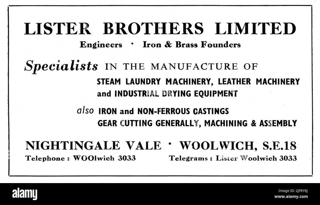 Eine Werbung von 1951 von Lister Brothers Limited, Engineers und Iron & Brass Gründern von Nightingale Vale, Woolwich, London. S.E.18. Das Unternehmen spezialisiert sich auf die Herstellung von Dampfwaschmaschinen, Ledermaschinen und industriellen Trocknungsanlagen, auch Eisen- und NE-Gussteile, Verzahnungsschneiden, Bearbeitung & Montage. Stockfoto