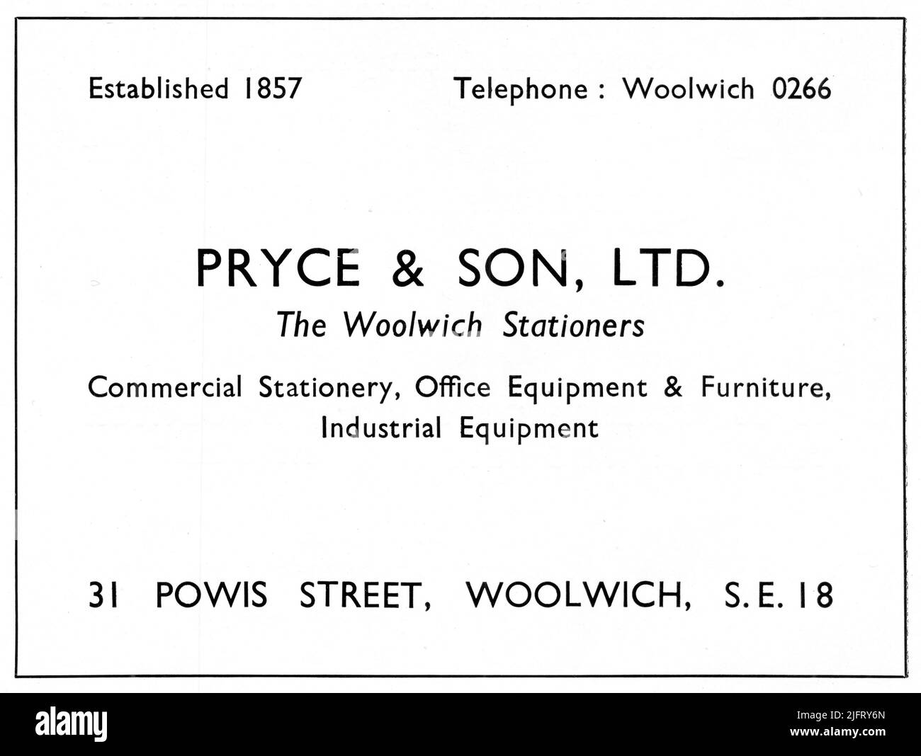 Eine 1951 Anzeige von Pryce & Son Ltd., Stationers, 31 Powis Street, Woolwich, London. SE.18. Gegründet im Jahr 1857, hat sich das Unternehmen auf die Lieferung von Bürobedarf, Büroausstattung & Möbel und Industrieausrüstung spezialisiert. Stockfoto
