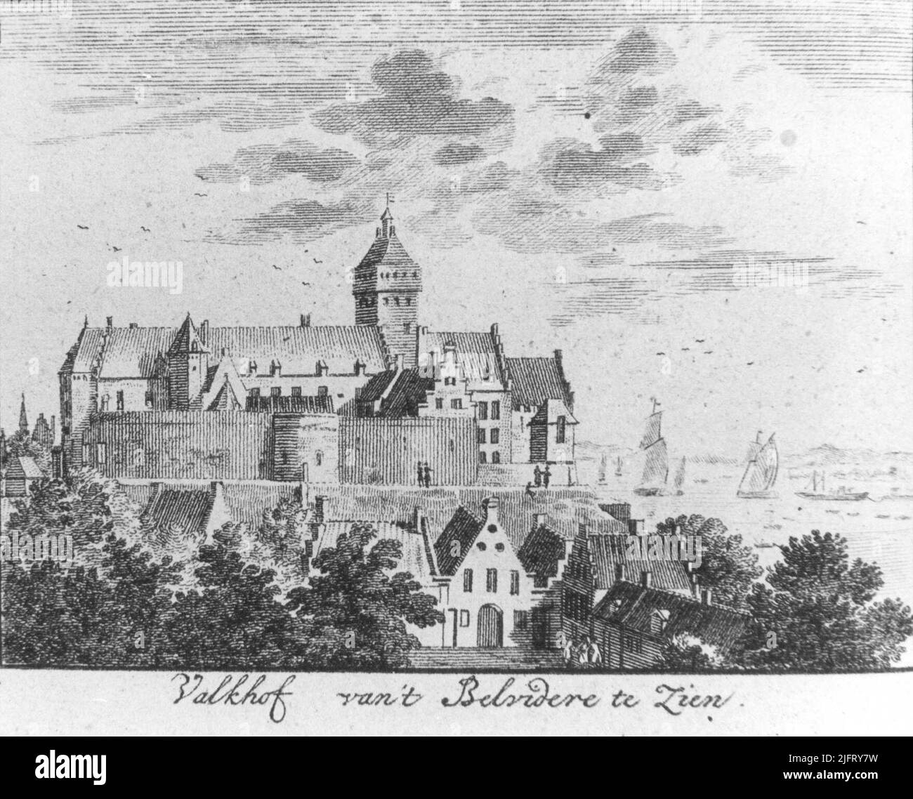 Eine Radierung eines unbekannten Künstlers nach einem Entwurf von C. Pronk, der die Valkhofburcht darstellt, und die Häuser am Fuße des Schlosses, von der Belvédère aus gesehen Stockfoto