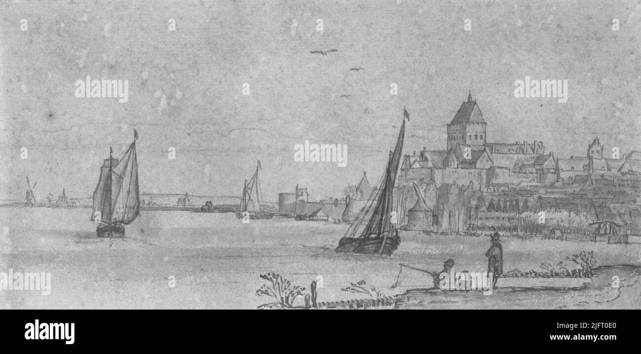 Eine Zeichnung in ostindischer Tinte und Sepia, die J. Honing zugeschrieben wird und die Valkhofburcht aus dem Norden darstellt; das Original befindet sich im Museum der Schönen Künste in Brüssel Stockfoto