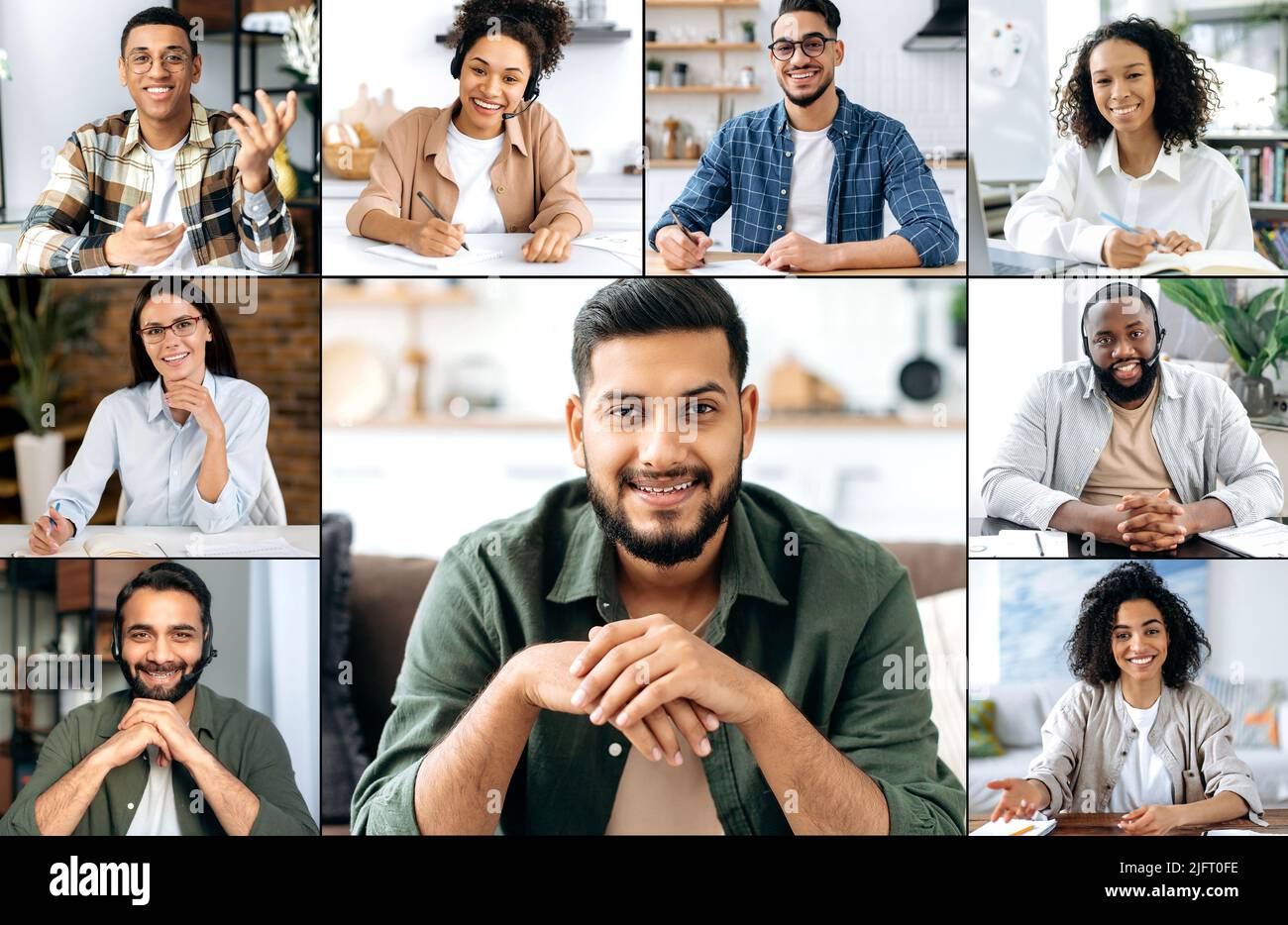 Gesichter von Menschen verschiedener Nationalitäten. Eine Gruppe multirassischer Menschen traf sich zu Videokonferenzgesprächen, ein indischer Führer, ein Mentor, der mit seinen Kollegen, Geschäftspartnern, über die Arbeit sprach Stockfoto