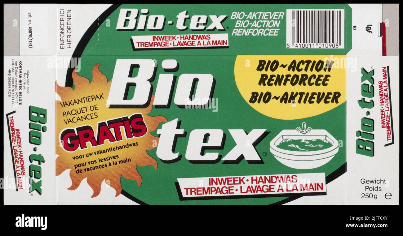 BIOTEX Beweek - Handwa Brake - Lavage a la Mainbio -Action Renforcee/Bio -ACT Operationsanzug/Paquet The Vacancesgratisweight/PIDs 250Gart.nr. 45070 (1131) eingegeben von/Importé Par: Kortman-InTec Belgium 'mit Dosieranleitung. Stockfoto