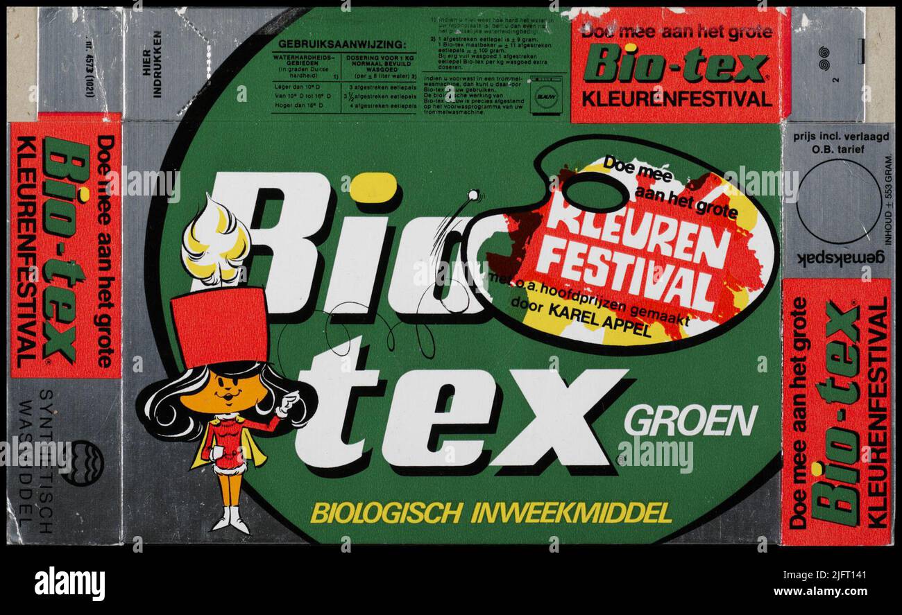 Biotex grün biologisch einweichen -flauschig mit der großen Farbe Festival synthetische Waschmittel waschen fast unnötige Bequemlichkeit Koffer Fett kein Bleichen Zentrum. Nr. 4573 (1021) Kortman & Schulte B.V. Dordrecht 'mit Anweisungen. Stockfoto