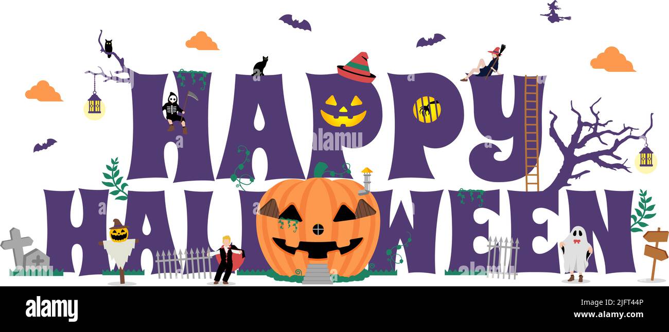 Happy Halloween Vektorgrafik. Kürbishaus mit Kinderkostüm. Stock Vektor