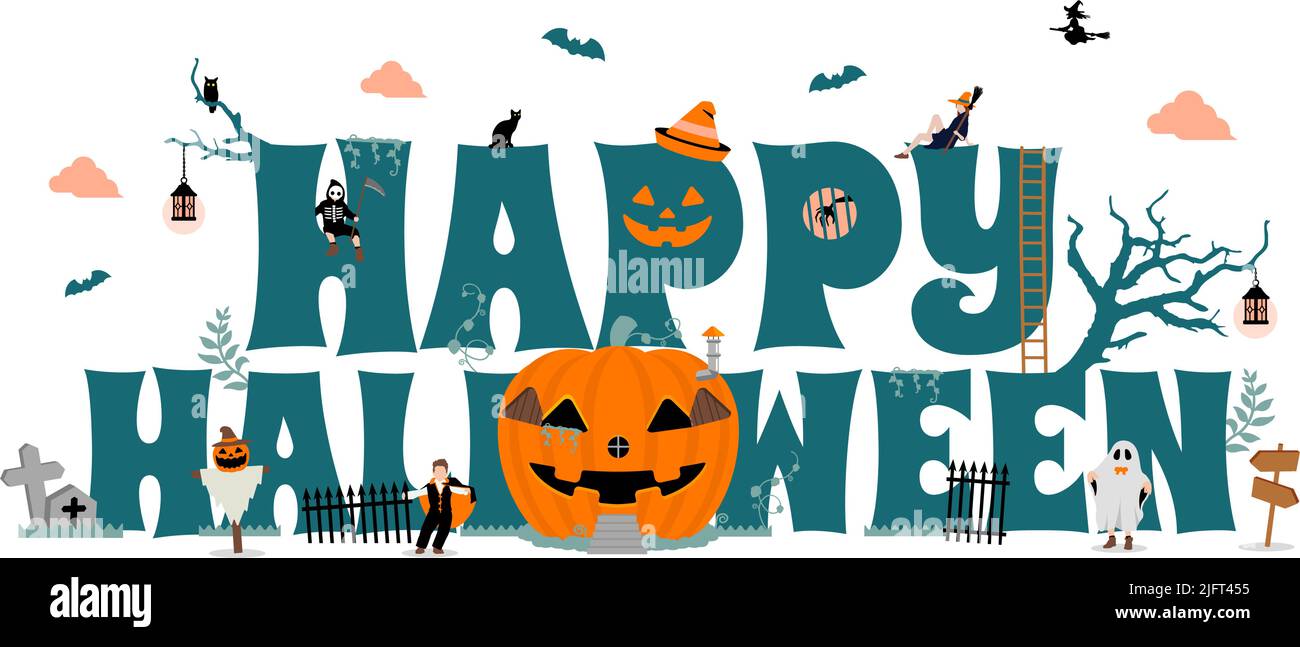 Happy Halloween Vektorgrafik. Kürbishaus mit Kinderkostüm. Stock Vektor