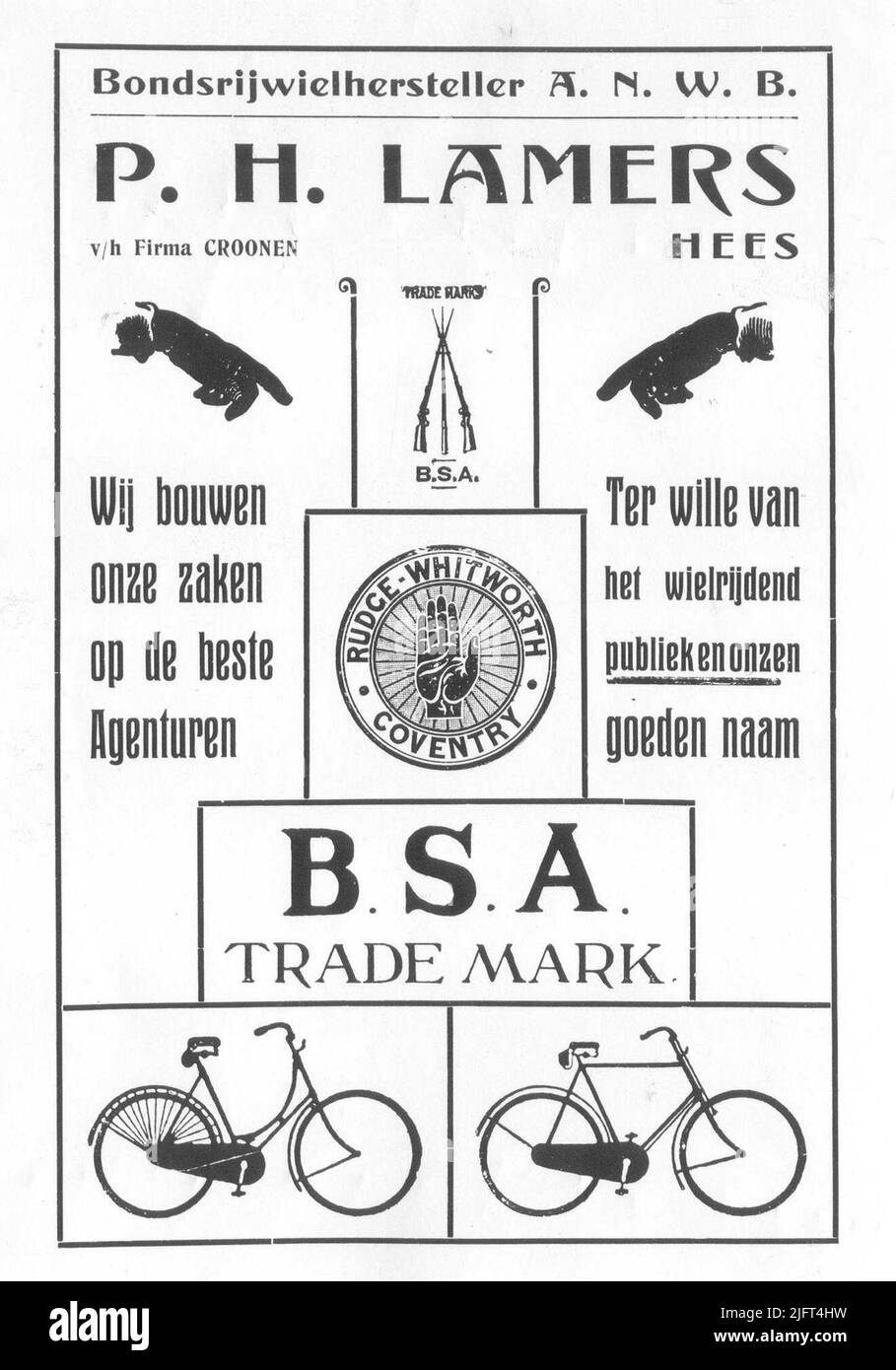 Werbung von Bondrijwielhersteller P.H. Lamers in Hees bei Nijmegen mit der genannten Marke B.S.A. Stockfoto