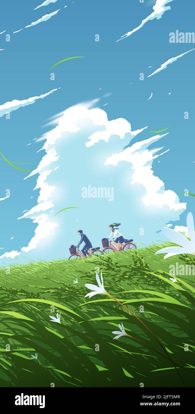 vektordarstellung im Anime-Stil für eine Smartphone-Tapete von Schülern, die unter dem hellblauen Himmel Fahrräder den Hügel hinunter radeln Stock Vektor