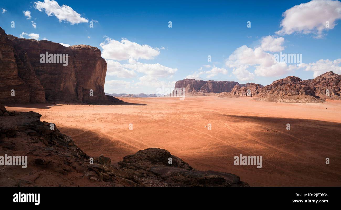 Wadi Rum Wüste Panoramablick, Aqaba, Südjordanien Stockfoto