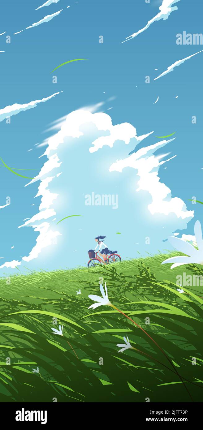 vektordarstellung im Anime-Stil für eine Smartphone-Tapete eines Schulmädchen, das mit dem Fahrrad den Hügel hinunter unter dem hellblauen Himmel fährt Stock Vektor
