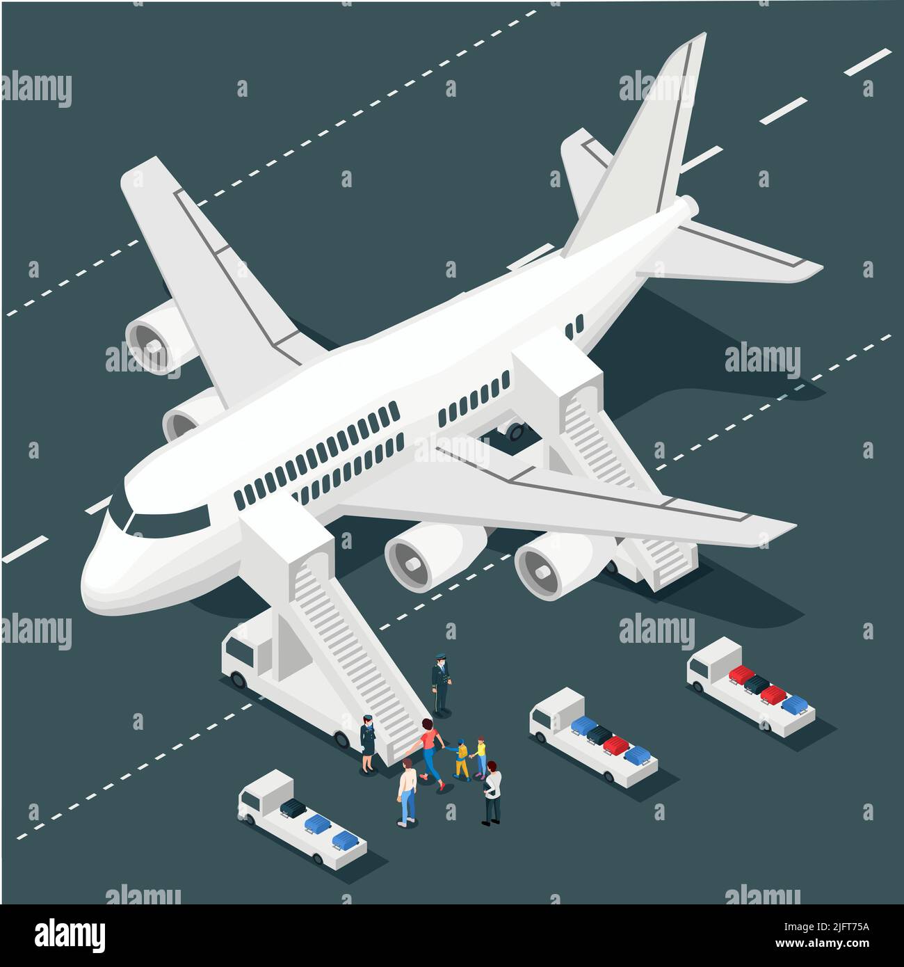 Flugzeug Onboarding isometrische Zusammensetzung mit isolierten Blick auf Flugzeuge mit Lufttreppen LKW Stewards und Passagier Zeichen Vektordarstellung Stock Vektor