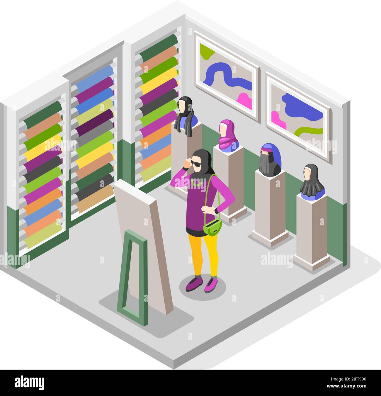 Hijab isometrische Komposition mit modernen muslimischen Mädchen versucht auf Kopfschmuck im Laden vor dem Spiegel Vektor Illustration Stock Vektor