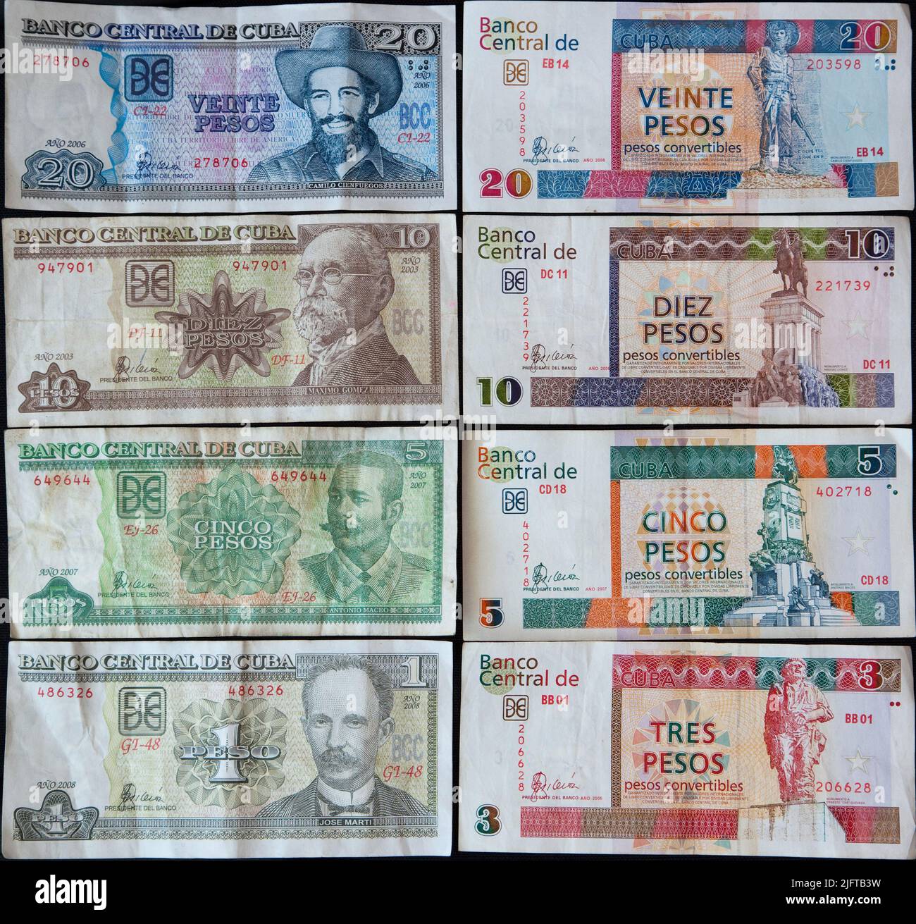 Kuba, Trinidad. Die beiden Geldsysteme aus Kuba. Auf der linken Seite sind die Pesos, die die Einheimischen benutzen, und auf der rechten Seite die konvertierbaren Pesos, die Ausländer Stockfoto