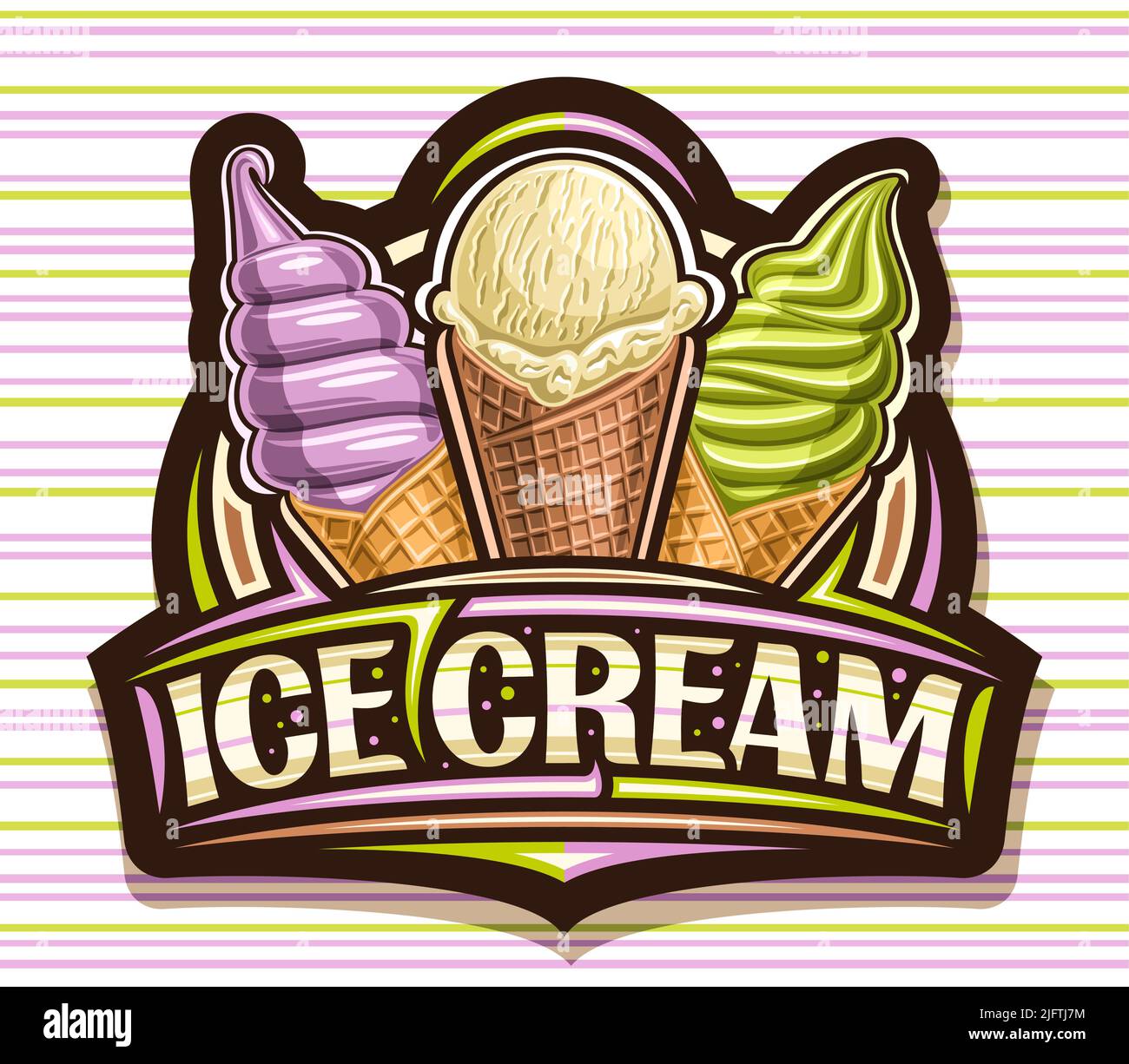 Vektor-Logo für Eis, dunkle dekorative Schild für Kinder-Café mit Illustration von dreifach-Vielfalt-Eiscreme in Waffelkegel und einzigartige Pinsel lassen Stock Vektor