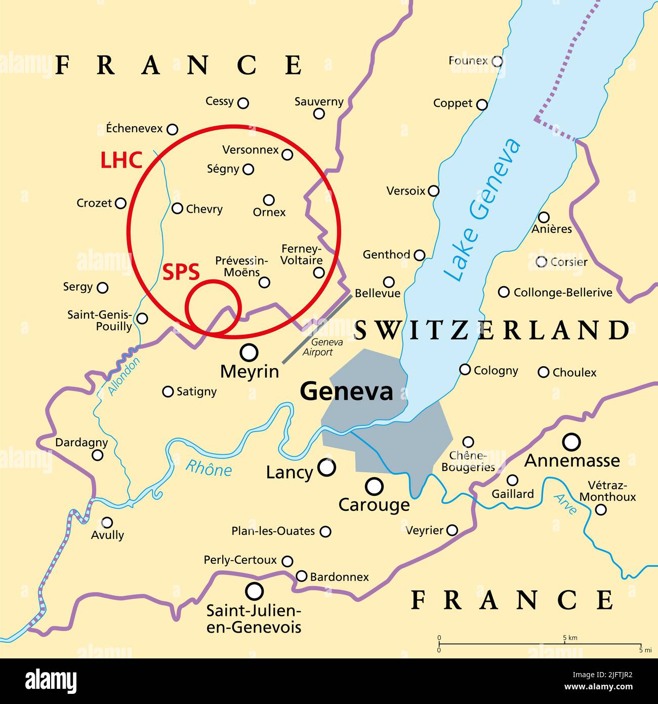 Large Hadron Collider (LHC) und Super Proton Synchrotron (SPS), politische Karte. Weltgrößter Partikelkollider in der Nähe von Genf, Schweiz. Stockfoto