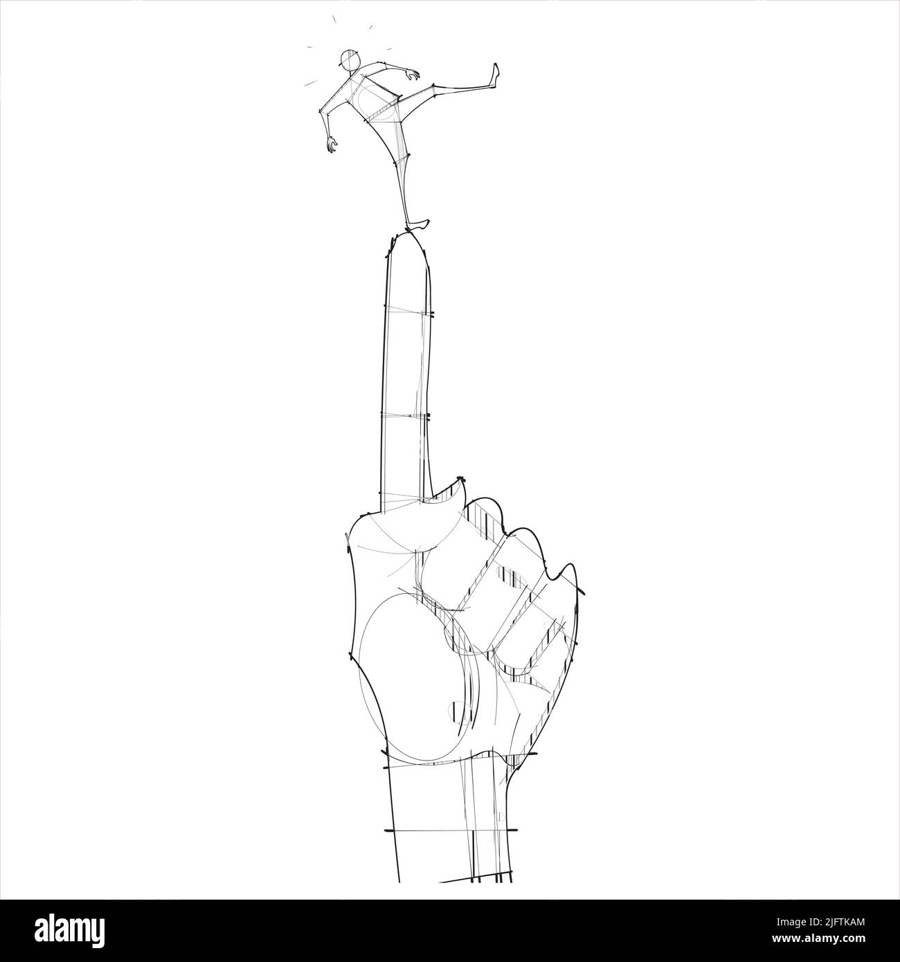 Eine einsame Figur balanciert auf einem riesigen Finger Stock Vektor
