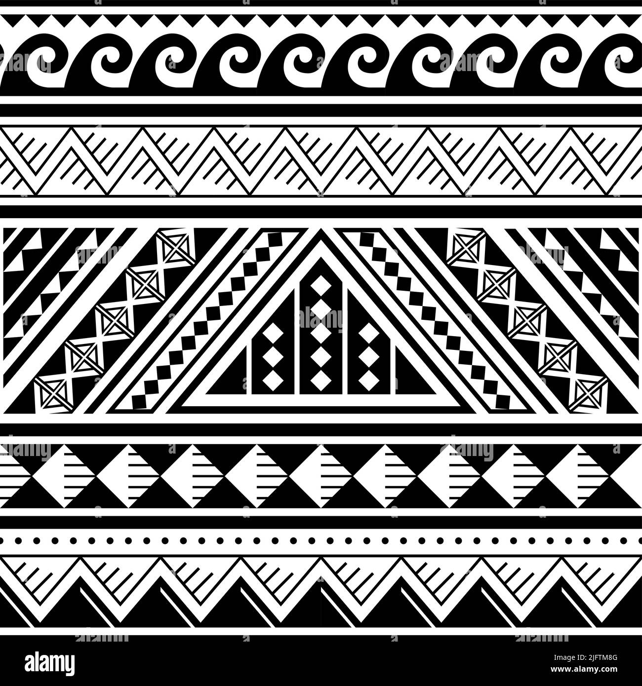 Polynesisches nahtloses Vektor-Muster mit geometrischen Formen, coolem Textil- oder Stoffdruck im hawaiianischen Stil in Schwarz und Weiß Stock Vektor