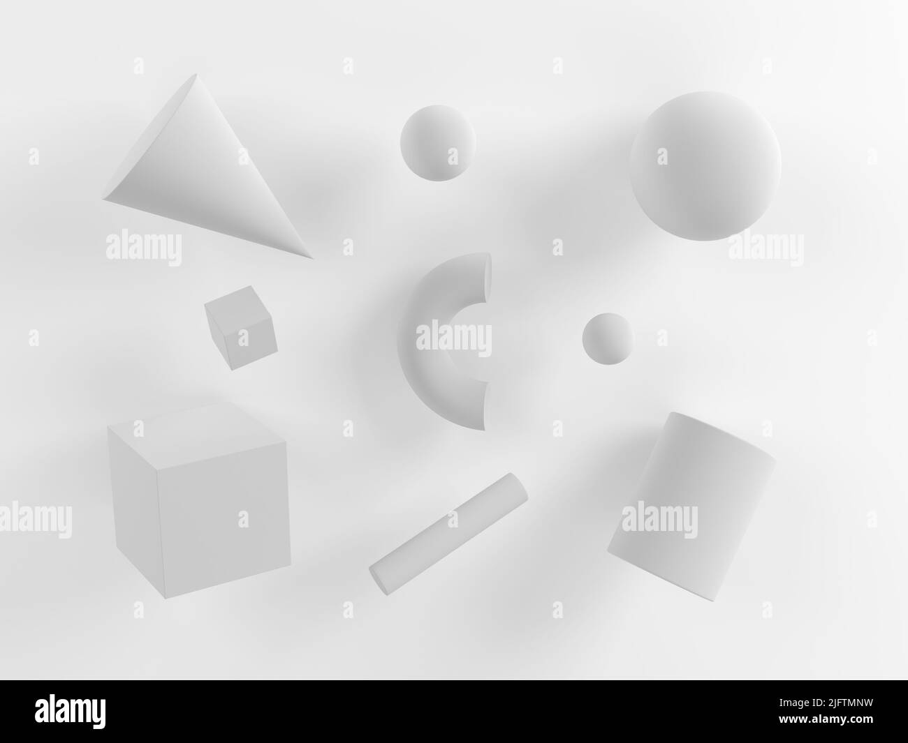 Abstrakte geometrische Formen auf grauem Hintergrund. 3D Abbildung. Monochrom. Stockfoto