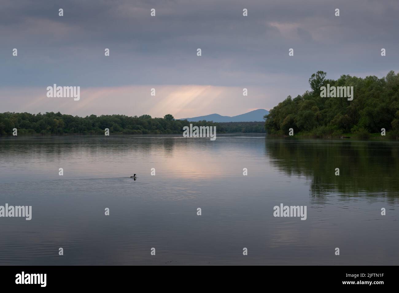 Sonnenstrahlen durchdringen Wolken über dem Fluss, Wald am Flussufer und Bergsilhouette in der Ferne Stockfoto