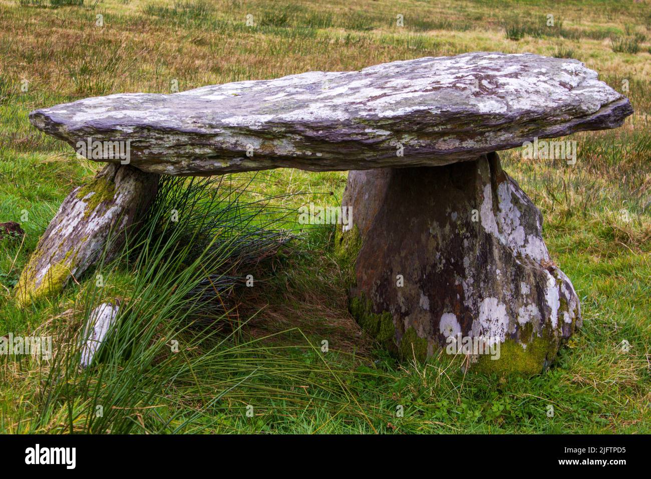 Ein Zeugnis aus alten Zeiten. Ballynahowen Wedge Grab in der Grafschaft Cork, Irland. Stockfoto