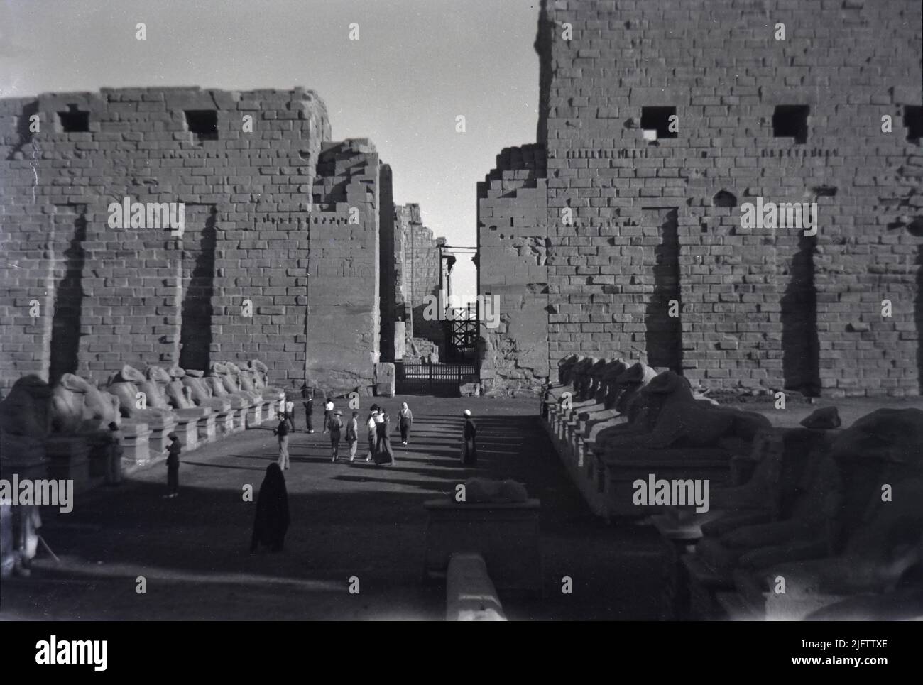Ägypten Luxor Tempel von Karnak Ruinen Ramesseum von Ramseses II Theben vintage Foto in der späten 1940s Gasse von criosphinx aufgenommen Stockfoto