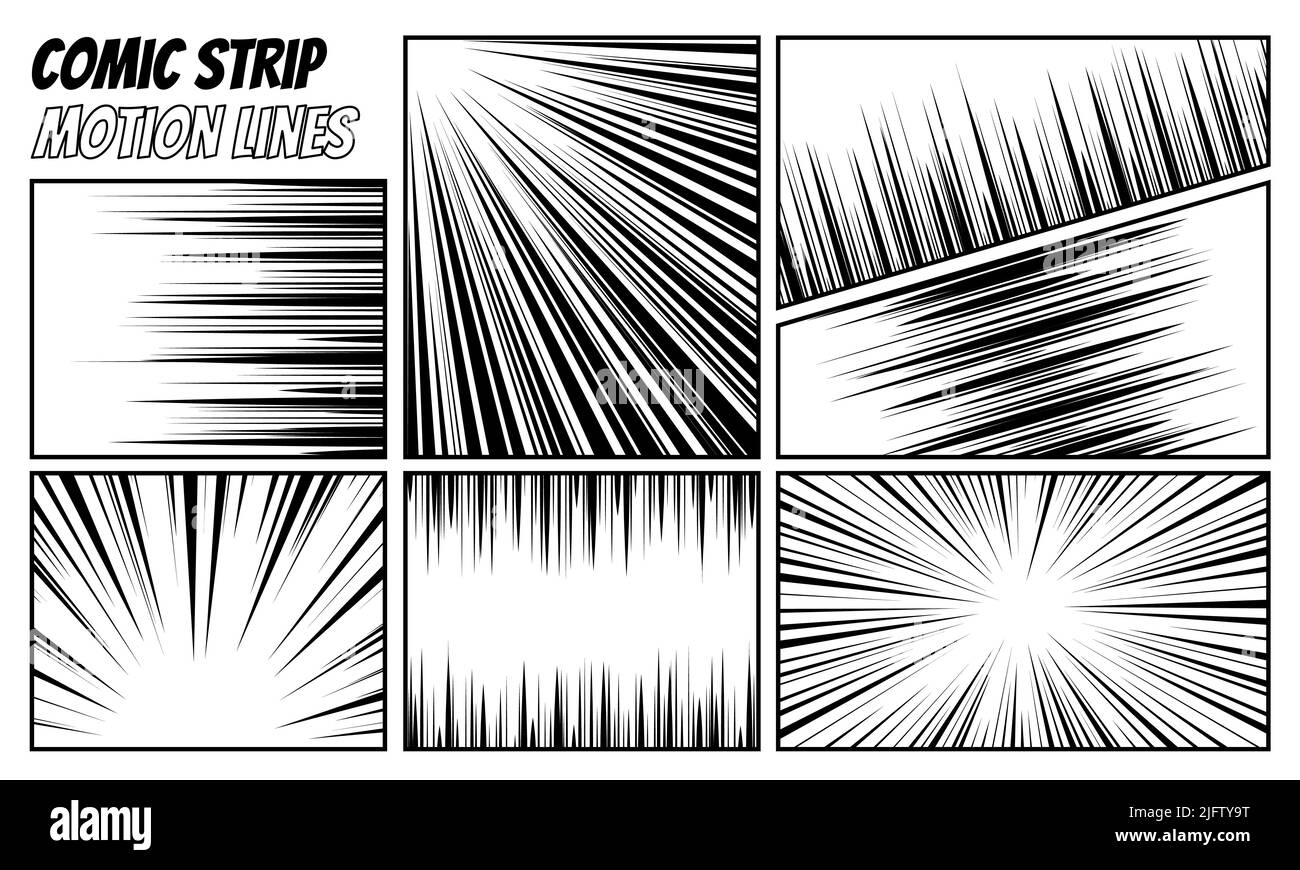 Comic Strip Radial Motion Lines Set. Anime-Comics Buch Helden Geschwindigkeit oder Kampf Action Textur Blast Strahlen. Manga Cartoon scharfe Zeichnung Explosionen Hintergrundsammlung. Vektorgrafik eps Stock Vektor