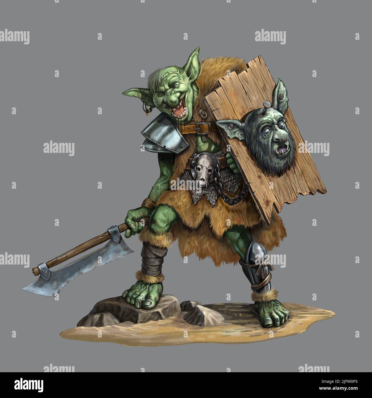 Fantasy Kreatur - orc. Fantasy-Illustration. Kobold mit Schwertzeichnung. Stockfoto