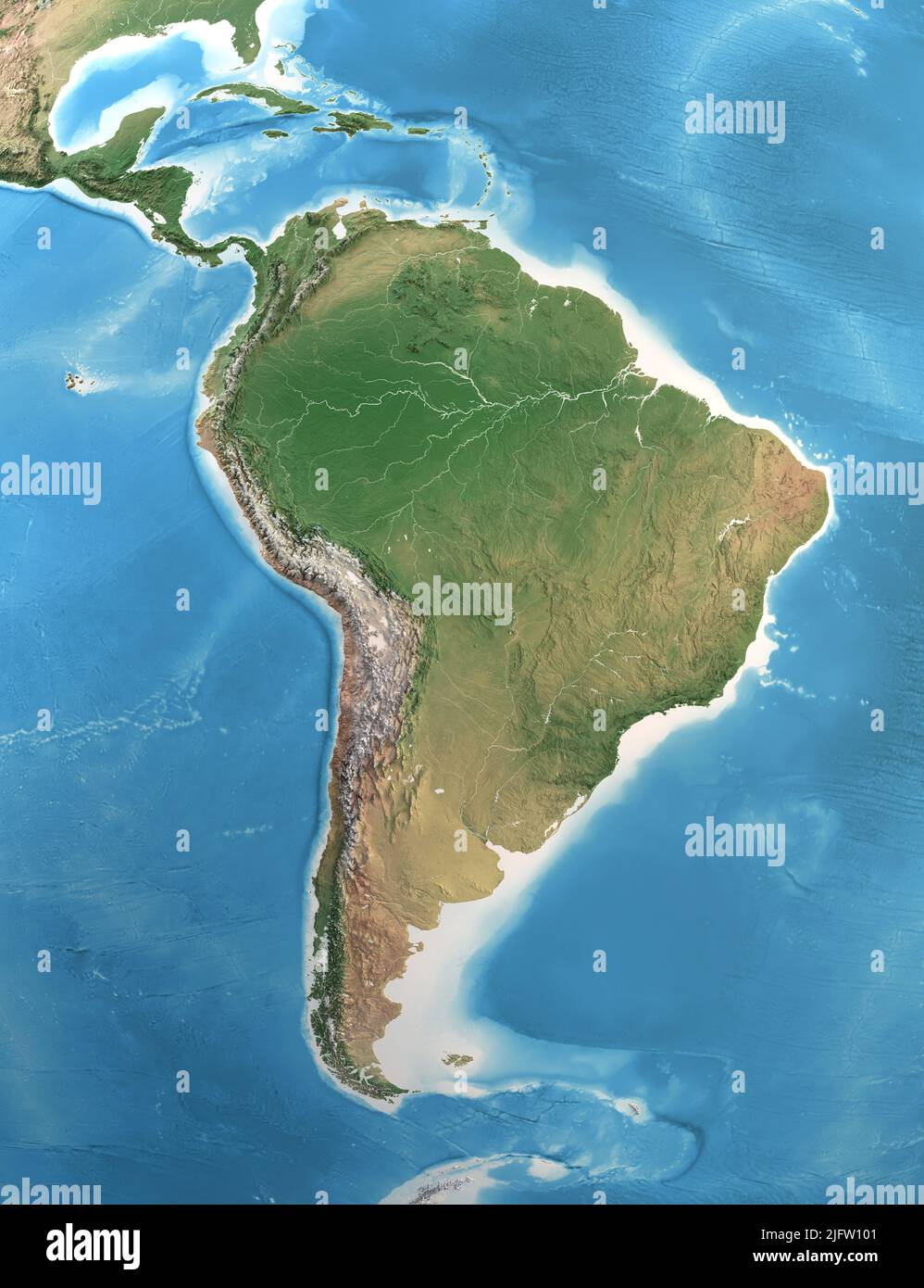 Physische Karte von Süd- und Mittelamerika, mit hochauflösenden Details. Satellitenansicht des Planeten Erde. Von der NASA eingerichtete Elemente Stockfoto