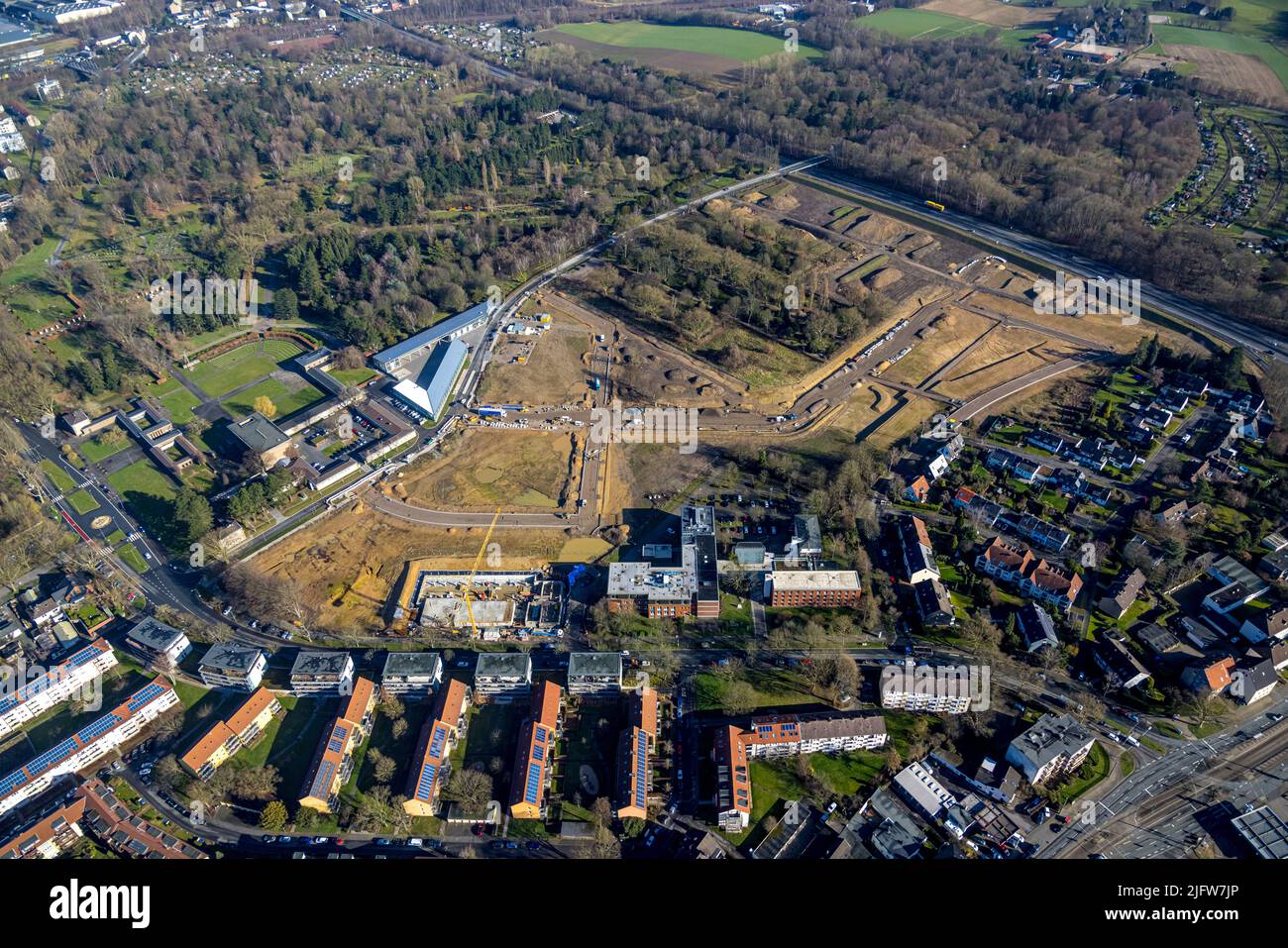 Luftaufnahme, Ostpark Quartier Feldmark mit Baustelle für Wohngebäude sowie Neubau der Freiwilligen Feuerwehr Altenboc Stockfoto